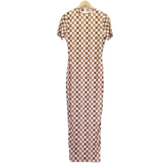 NWT Peppermayo Into The City Mesh Maxi Dress Cocoa Cream Check Womens Size 6 NEW - Picture 3 of 16